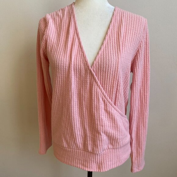 GIBSON BNWOT Pink Long Sleeve Faux Wrap Vneck Top Sz Small New Waffle Knit - Picture 2 of 8